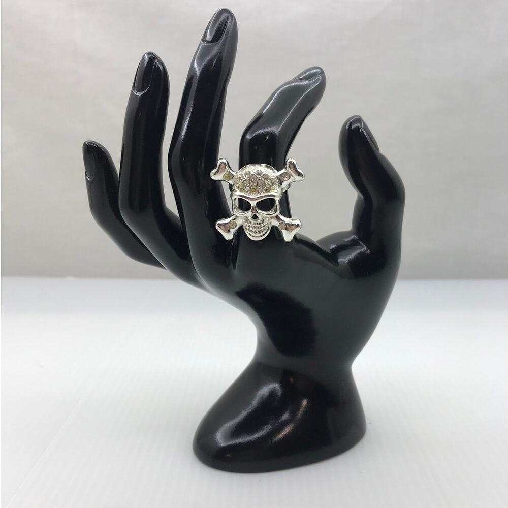 Y2K Gothic Silver Jolly Roger Skull Crossbones Statement Ring 6 Adjustable
